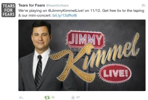 Tears for Fears will appear on Jimmy Kimmel 12 November. 